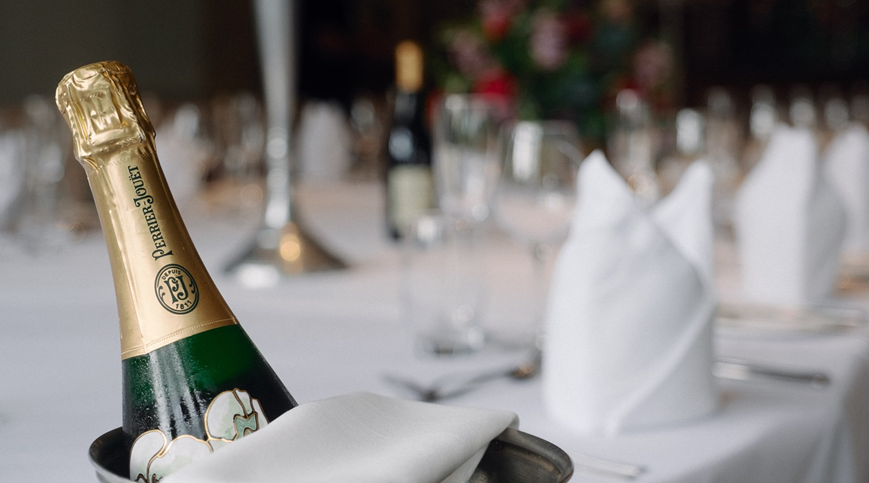 Champagne bottle on wedding table at Western House Hotel, Ayrshire wedding venue