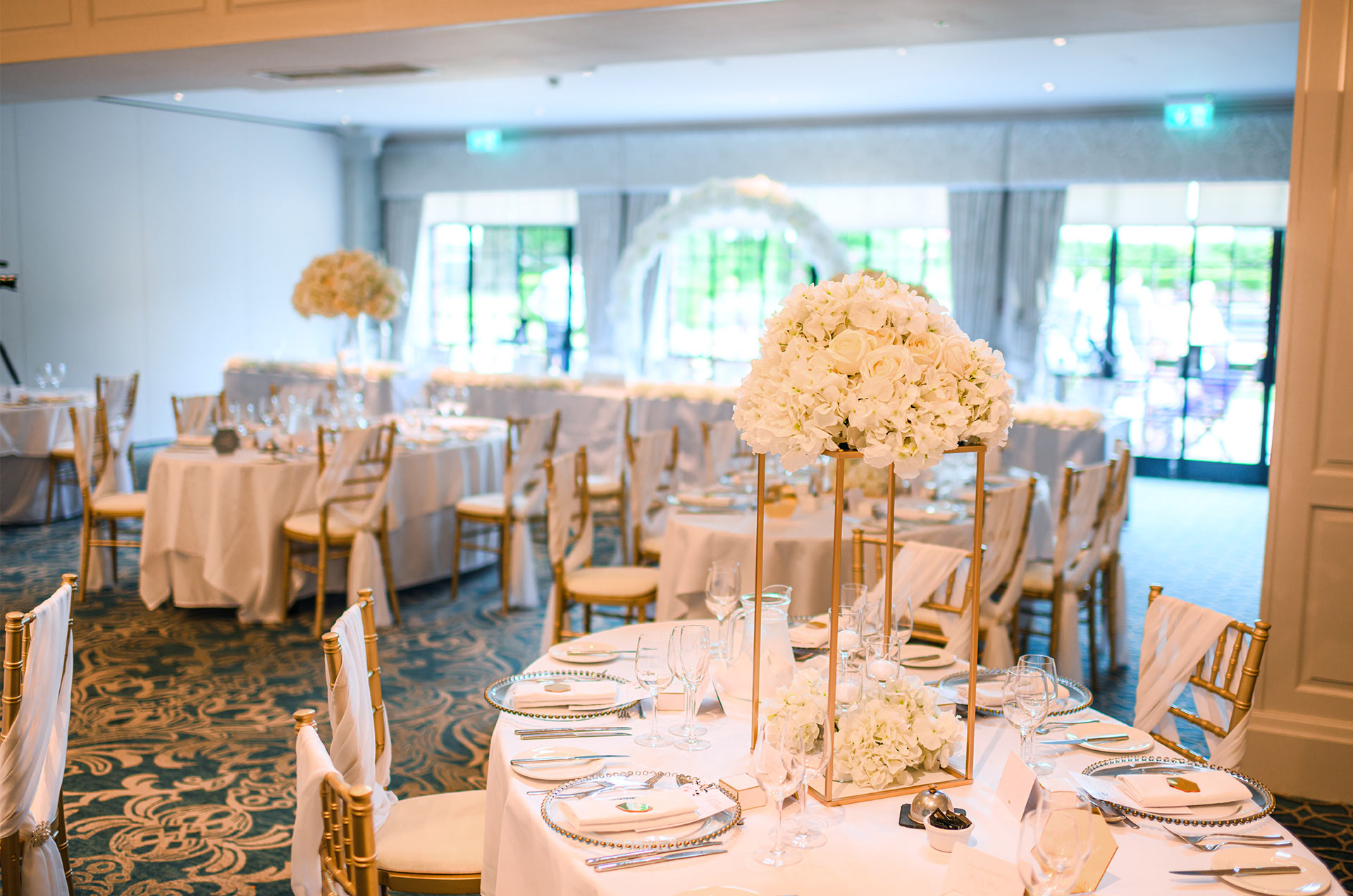 Elegant wedding reception décor in the Cathedral Ballroom at Ayrshire wedding venue